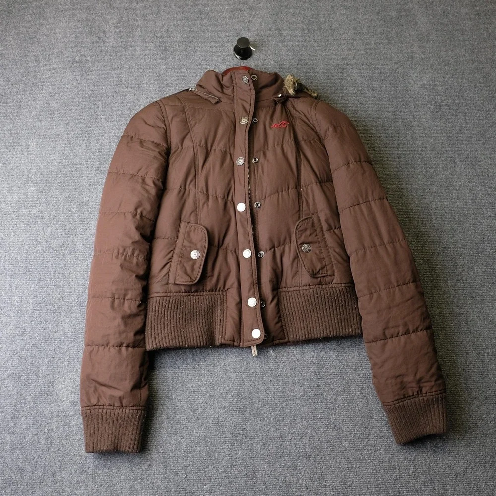 Y2K Hollister Jacket Womens Large Brown Puffer Faux Fur Hood Down Cropped Winter